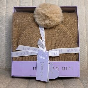 Madden Girl Camel Knit with Tinsel Weave 2 Piece Set Beanie Scarf Set